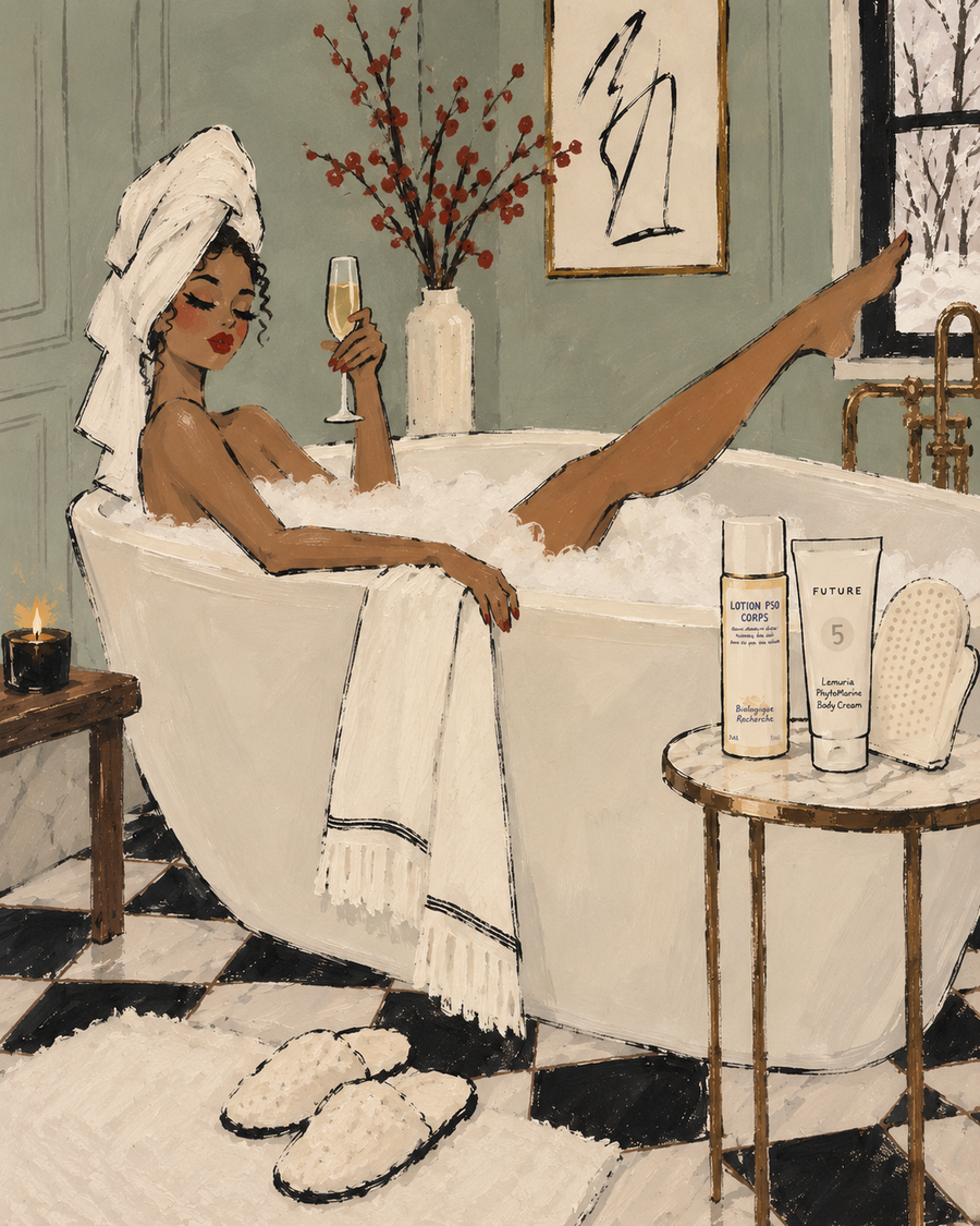Illustration of a woman in a bubble bath with body care