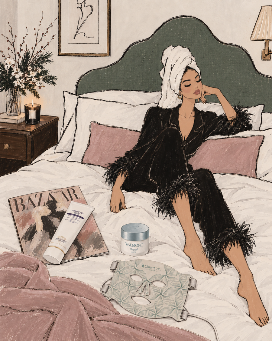 Illustration of a woman relaxing in bed with an LED mask and skincare