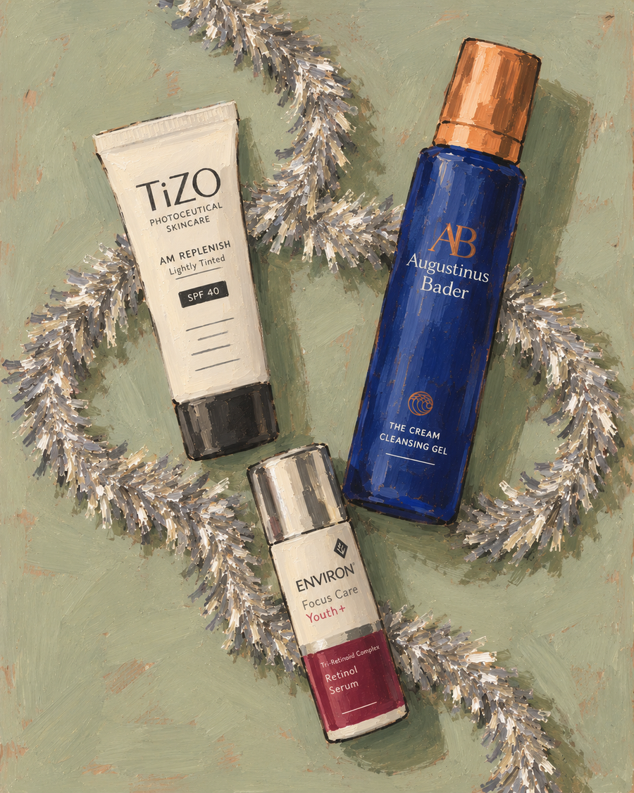 Illustration of essential skincare products with silver tinsel