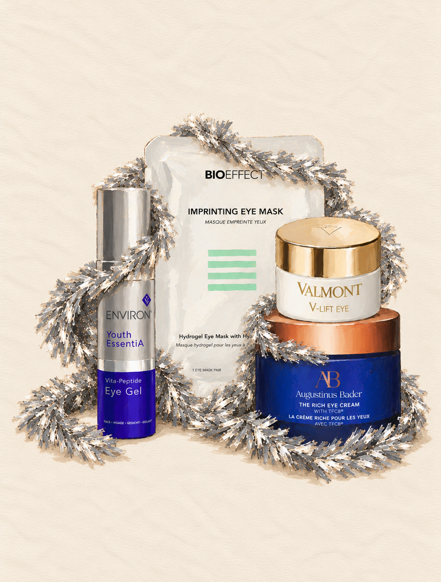 Illustration of eye creams and serums with silver tinsel