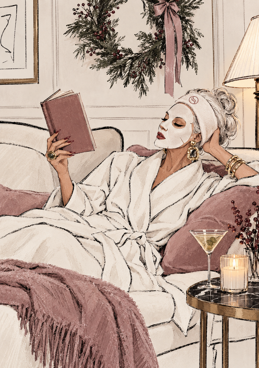 Illustration of a woman reading in a sheet mask by a holiday wreath