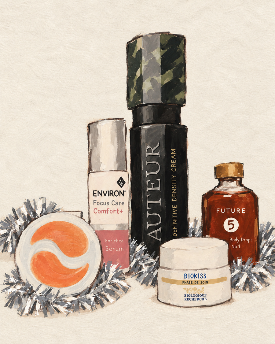 Illustration of red carpet skincare products with silver tinsel