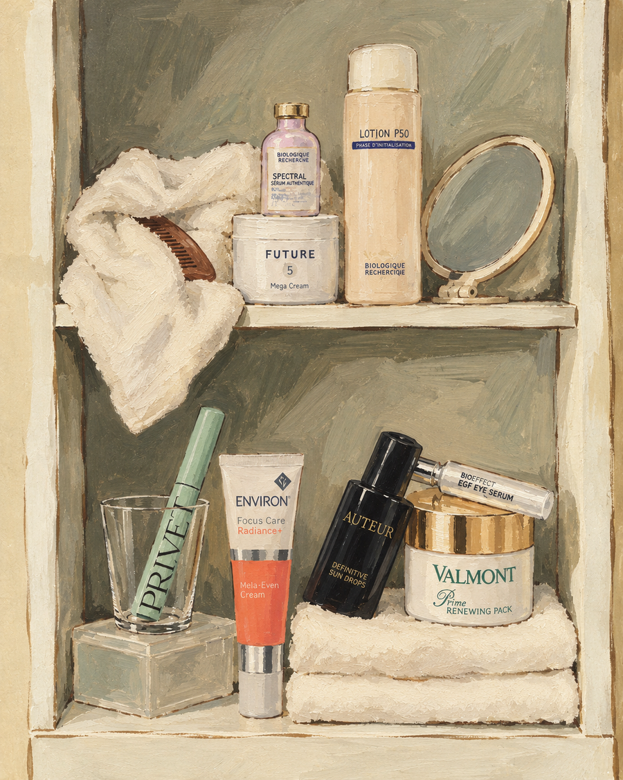 Illustration of Sarah's skincare shelf