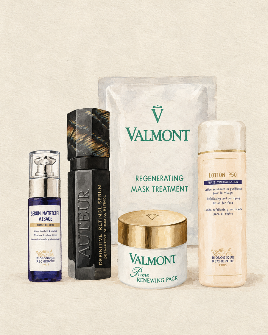 Illustration of luxury skincare products with silver tinsel