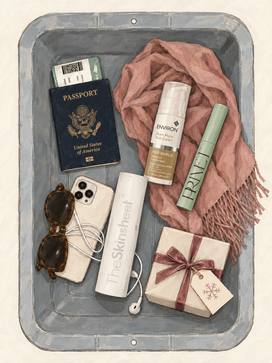 Illustration of travel skincare packed with a passport and scarf